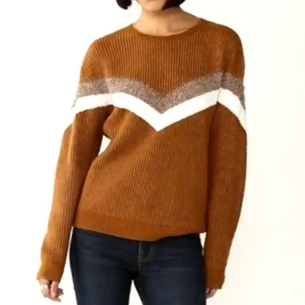 Nine West Women's Brown White Cable Knit Sweater Size L Chevron Colorblock NWT